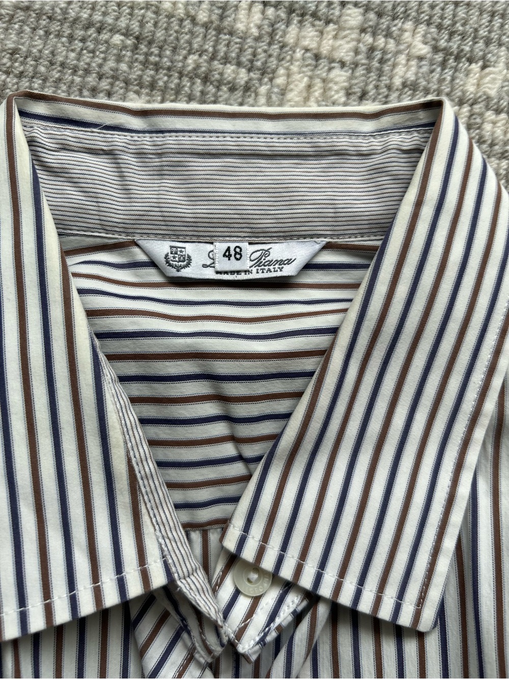 Loro Piana Classic Stripe Button-Up Shirt - White & Navy - Picture 2 of 2